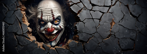 Halloween, frightening scary evil clown, looking at you, peeking out from behind a hole in the dark wall, with copy space photo