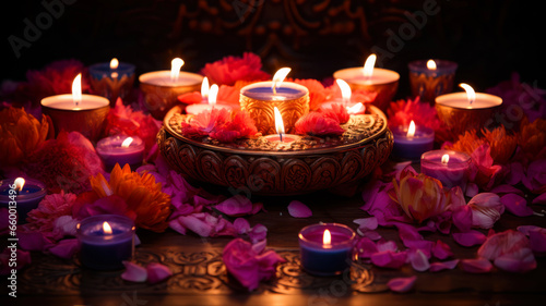 Burning candles with flower petals in a bowl on wooden background diwali  christmas and diwali greeting  in the style of romantic atmosphere 