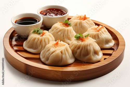 chinese steamed dumplings,chinese dim sum,A wooden platter with dumplings and dipping sauces
