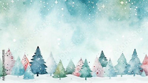 Watercolor Christmas horizontal seamless pattern with hand-drawn animals and snow-covered trees.  New Year's holiday illustration.