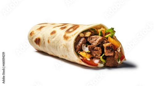 Shawarma sandwich fresh roll of, Grilled Meat and salad tortilla wrap with white sauce isolated on white background