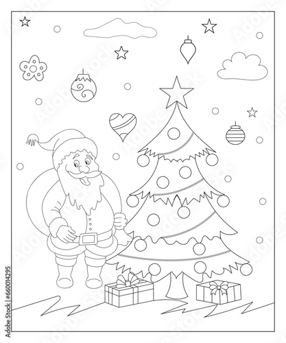 Coloring page of a decorated Christmas tree with gifts. Vector black and white illustration on white background.