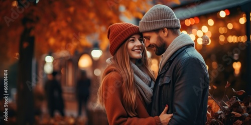 Sweet moments of diverse couples on cozy dates, enveloped by the rich, warm colors of autumn , concept of Intimate connections