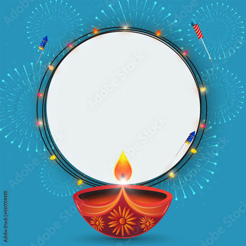 Happy Diwali festival of lights background with diya and firecrackers. Blank space for your advertisement work.