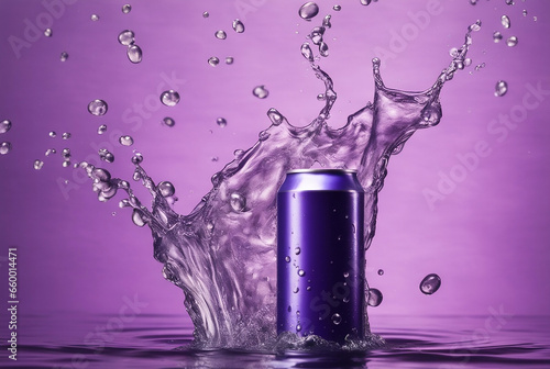 mock up product photograph of a purple color aluminum soda can isolated in splash of water with copy space for text photo