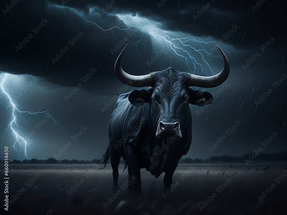 Naklejka premium Night gloomy landscape with a bull. AI