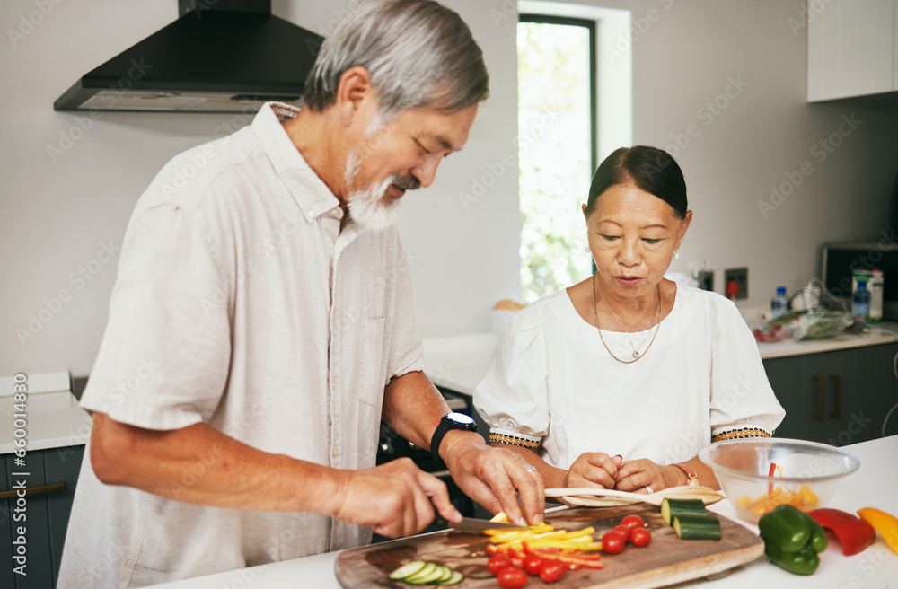 Couple, cooking and cutting vegetables in kitchen, diet and nutrition, hobby and bonding in retirement. Happy senior people, healthy food and produce for lunch, culinary skills and prepare meal