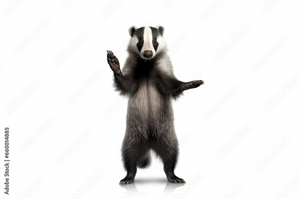 A badger standing on its hind legs on a white background