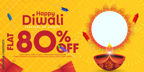 Happy Diwali sale banner template design and diya and firecrackers with huge discount to attract people.