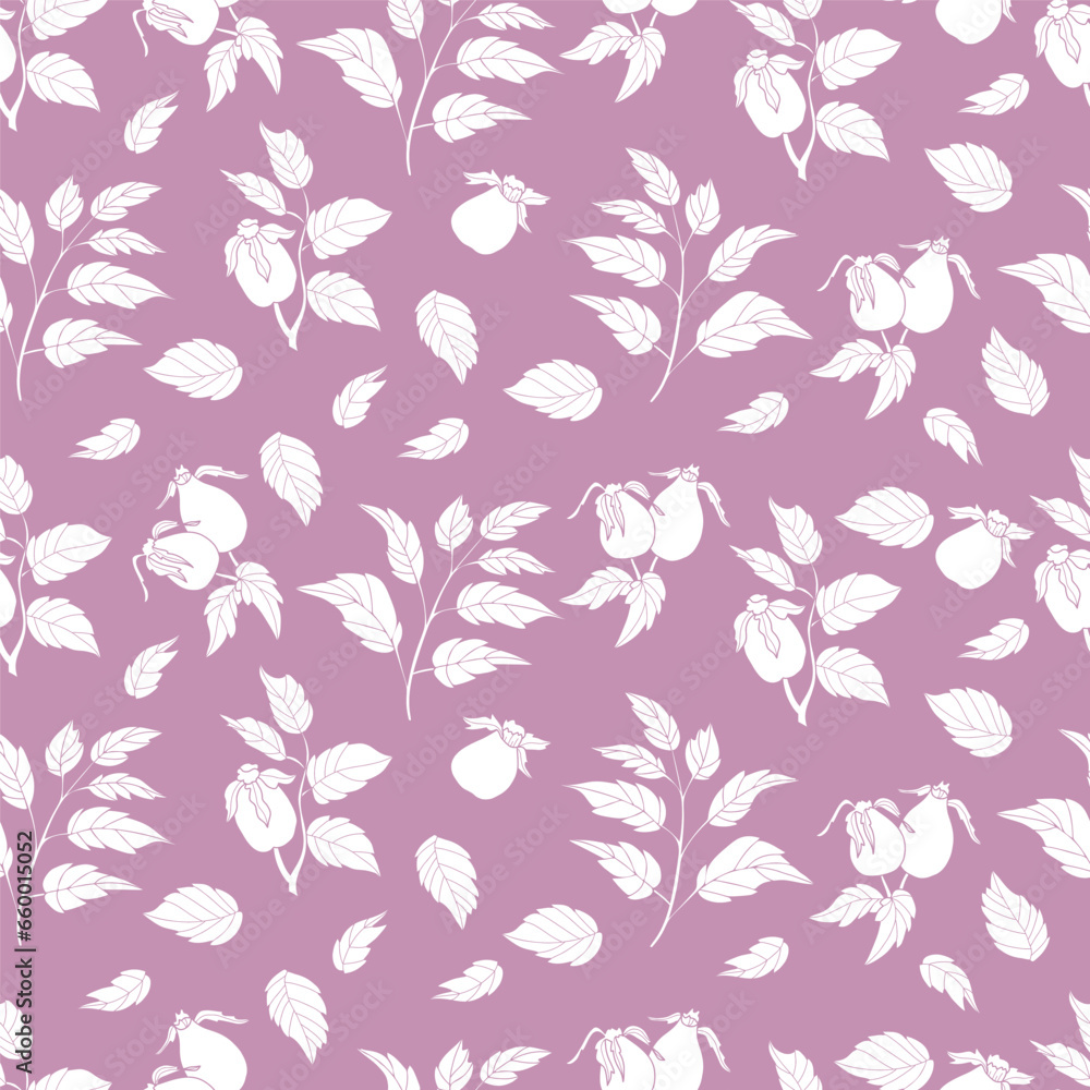 briar seamless pattern Rosehip branch with fruits and leaves on pink background. Vector Illustration hand drawn for wallpaper, design, textile, packaging, decor