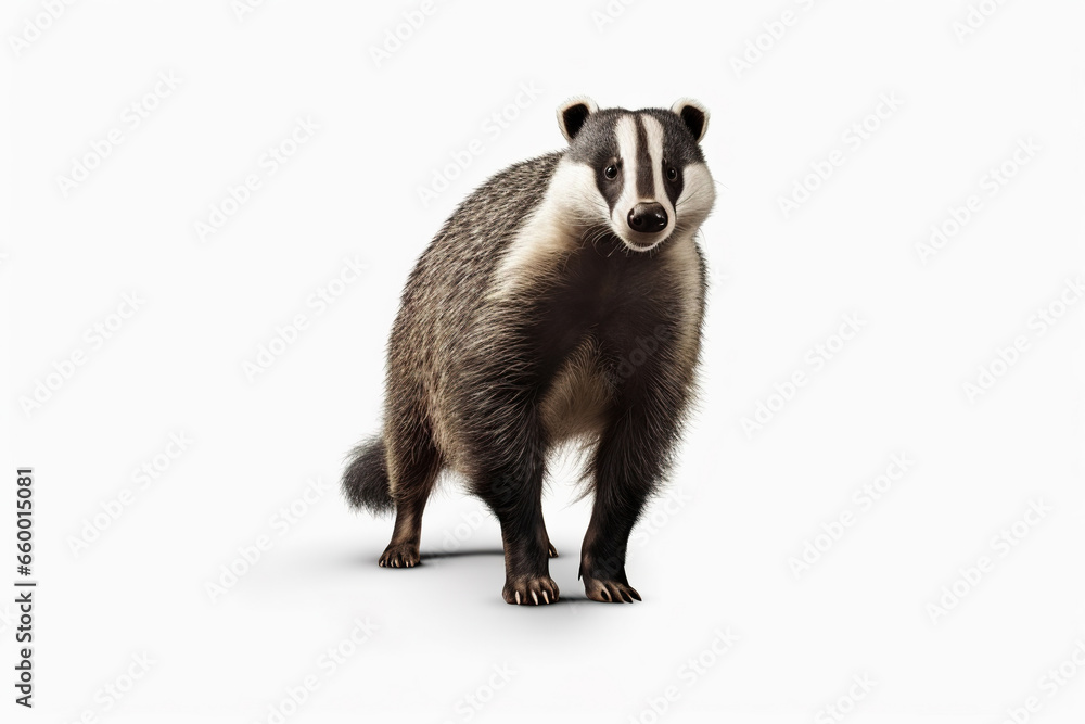 A badger standing on its hind legs on a white background