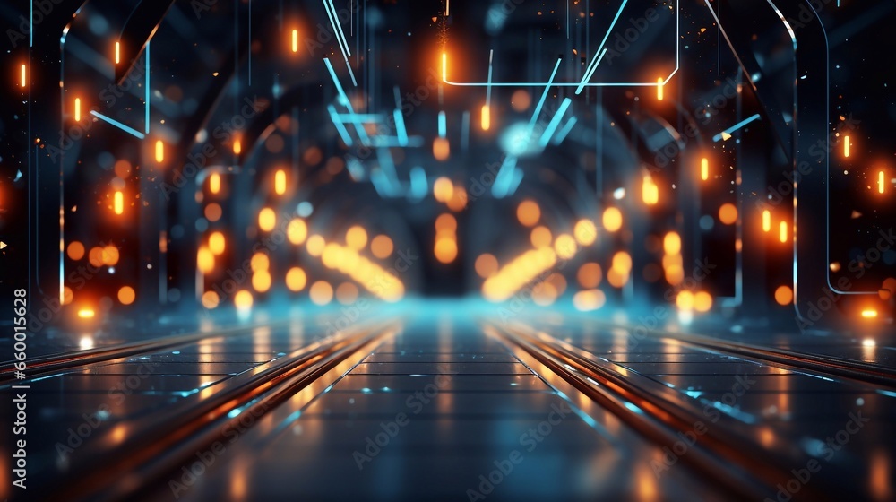 Futuristic corridor road with neon lights and reflections 3D rendering background Generative AI