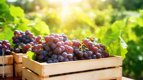 Ripe grapes in wooden box on green vineyard background, closeup