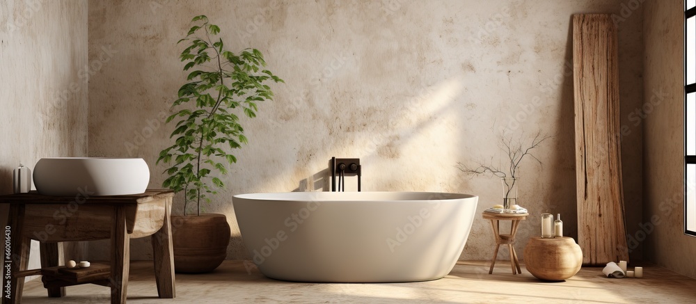 Fototapeta premium Bathroom at retro style resort with minimalistic design