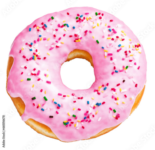 donut with pink glaze and sprinkles isolated on a transparent background