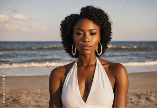 a beautiful young African American woman in a white top stands against the background of the beach in the setting sun