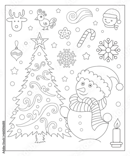 Coloring page of a decorated Christmas tree with gifts. Vector black and white illustration on white background.