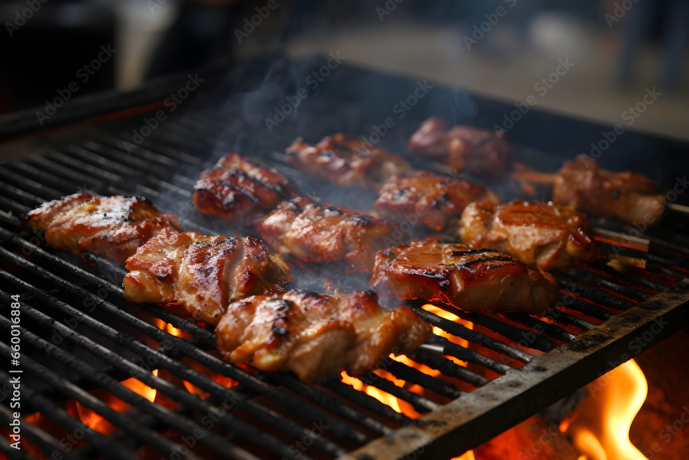Grilled chicken pork bbq grilled on charcoal grill Grilled chicken pork bbq grilled on charcoal grill