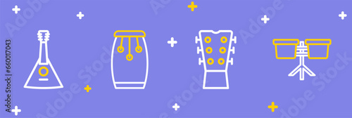Set line Bongo drum, Guitar neck, Conga drums and Balalaika icon. Vector