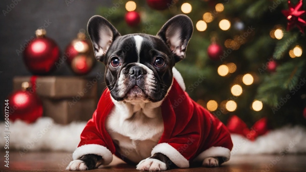 An adorable French bulldog in Christmas night.
This image is perfect for use in a variety of applications, including holiday greetings, social media posts, and marketing materials. 