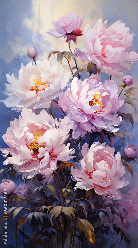 A dreamy painting of pink peonies on a blue background