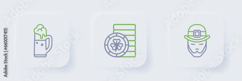 Set line Leprechaun, Golden leprechaun coin and Glass of beer icon. Vector