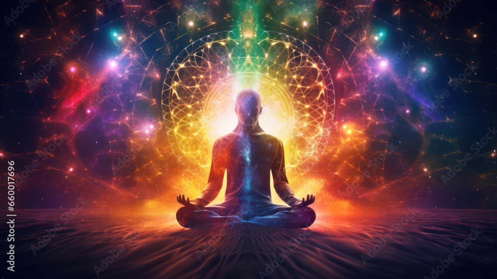 Man meditating in lotus pose on abstract glowing background. Man meditating in lotus pose on abstract glowing background.
