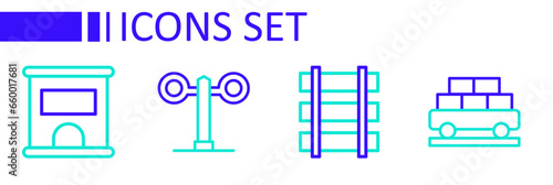 Set line Cargo train wagon, Railway barrier, Train traffic light and Ticket office to buy tickets icon. Vector