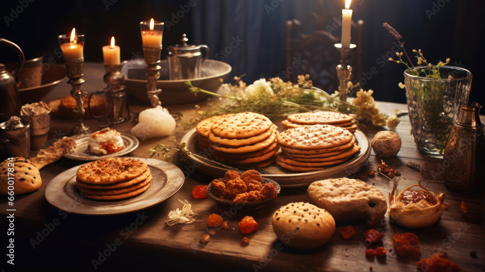 Traditional Jewish holiday of Sukkot. Seder plate with honey and cookies