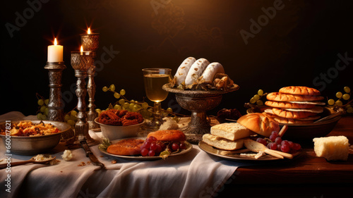 Jewish holiday Passover background. Passover Seder plate with crackers, wine and flowers. photo