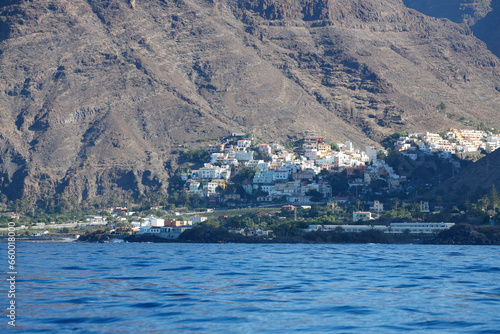 La Gomera, Spain. Onshore view of the coastline of Valle Gran Rey with the small town of La Calera.