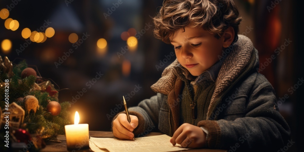 Writing to Santa: A Boy Expresses His Holiday Hopes with a Candle as His Muse. Writing to Santa: A Boy Expresses His Holiday Hopes with a Candle as His Muse.