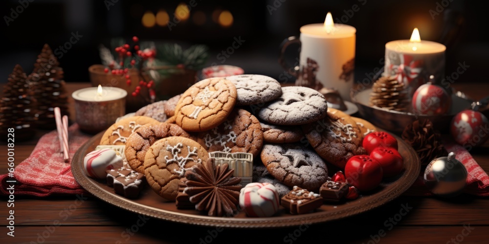 Fototapeta premium Festive Delights: A Carefully Arranged Platter of Christmas Cookies and Treats, Perfect for Sharing.