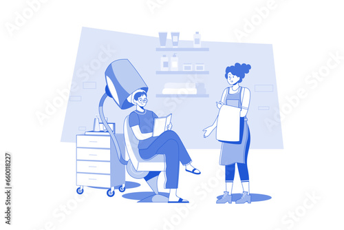 Woman getting hair incubation at hairdresser shop.