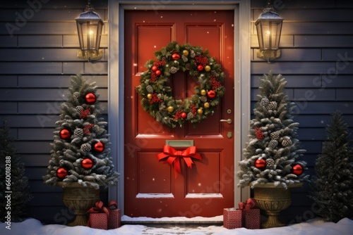 Festive Welcome: A Colorful, Handcrafted Wreath Adorning the Front Door, Greeting Guests with Holiday Cheer.