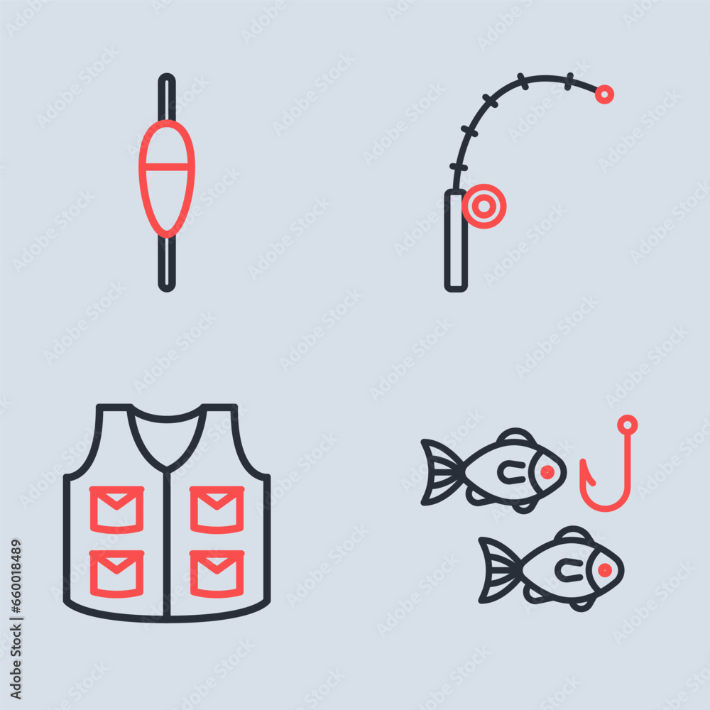Set line Fishing rod, jacket, hook with fish and float icon. Vector Set line Fishing rod, jacket, hook with fish and float icon. Vector