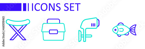 Set line Fish, Outboard boat motor, Case box for fishing and Fishing harpoon icon. Vector