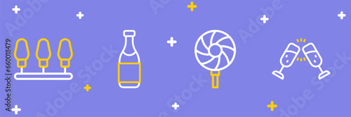 Set line Glass of champagne, Lollipop, Champagne bottle and Christmas lights icon. Vector