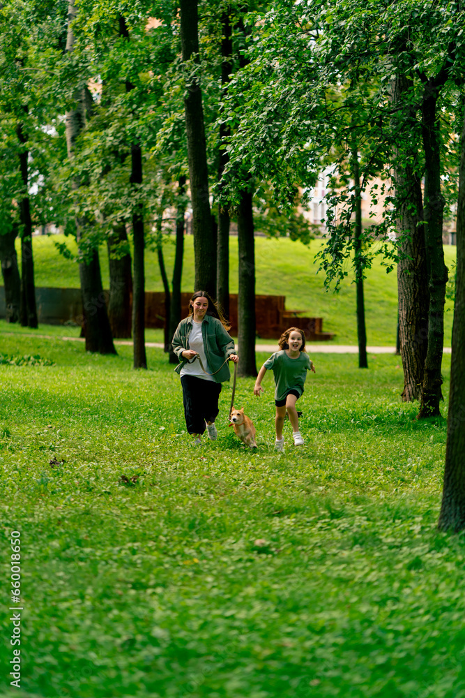 Fototapeta premium family young mother walking in the park with her daughter and red dog running forward on the grass happy childhood love for animals