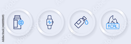 Set line Kcal, Bottle of water, Smart watch with heart and Lactose intolerance icon. Vector