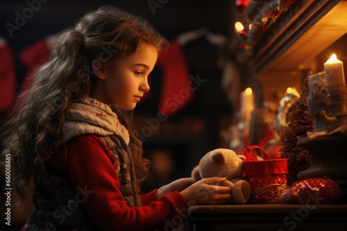 Preparing for Santa: A Girl Hangs Her Stocking by the Fireplace, Eager for Gifts.
