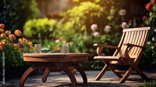 photo of Chairs And Umbrella In The Garden. 3d Rendering very important person place Generative AI