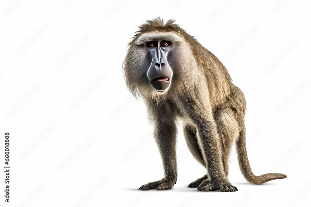 A serious baboon on a white background,baboon sitting in front of white A serious baboon on a white background,baboon sitting in front of white