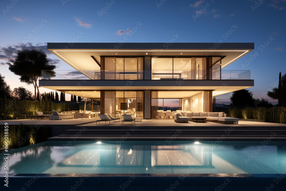 Fototapeta premium Contemporary Masterpiece: Captivating View of a Modern Villa, Expanding the Boundaries of Luxury Living with its Open-Concept Layouts