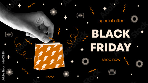 Online shopping or online sale concept banner. Vector illustration with hand holding paper bag. Creative collage with paper cut elements for decoration sale events.
