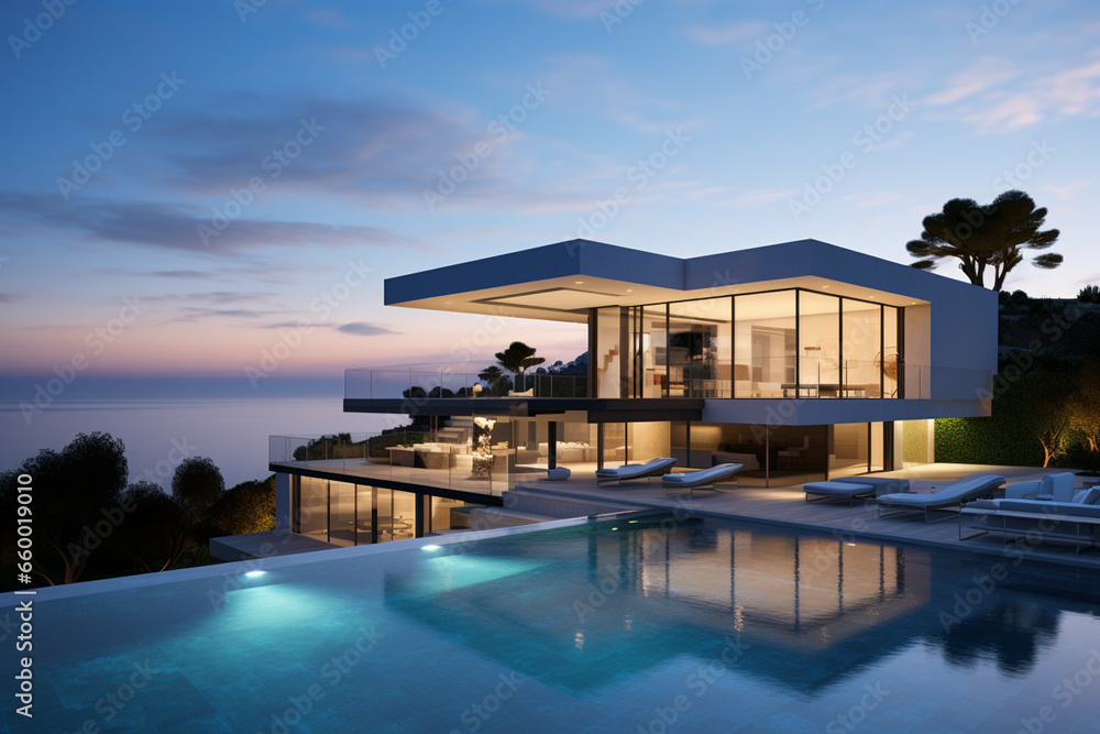 Fototapeta premium Contemporary Masterpiece: Captivating View of a Modern Villa, Expanding the Boundaries of Luxury Living with its Open-Concept Layouts