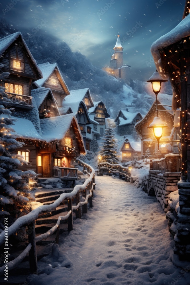 Obraz premium Winter's Charm: A Snowy Village Aglow with Cozy, Welcoming Lights.