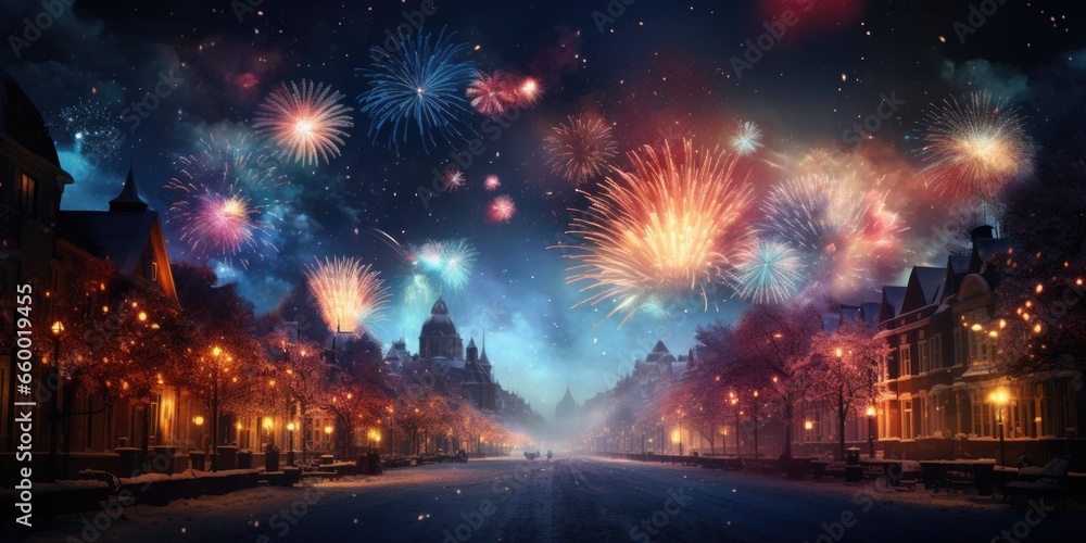 A vibrant fireworks display lighting up the night sky to celebrate the New Year. winter, new year, Christmas. A vibrant fireworks display lighting up the night sky to celebrate the New Year. winter, new year, Christmas.
