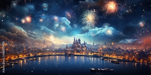 New Year's Brilliance: Colorful Fireworks Illuminating the Night Sky in Celebration.