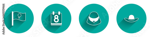 Set Feminist activist, Calendar with 8 March, Handbag and Elegant women hat icon with long shadow. Vector